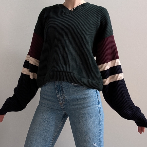 Vintage Colour Block Ribbed V-Neck Sweater - Picture 6 of 8
